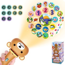 OUFOTAT 48 Slide Kids Projector Flashlight Toy - Animals, Letters, Dinosaur & Vehicle Set for Family Storytime Recognition Play (Brown)