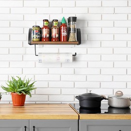 Paper Towel Holder Wall Mount Farmhouse Wood Paper Towel Holder with Shelf Hanging Paper Towel Roll Rack Under Cabinet Spice Rack for Kitchen Bathroom Organizer Rustic Brown