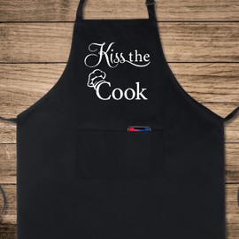 Xornis 100% Cotton Funny Apron Kiss the Cook for Men Women with 2 Pockets Kitchen Cooking Adjustable Bib Black Aprons Gifts for Dad Father's Day Birthday Anniversary