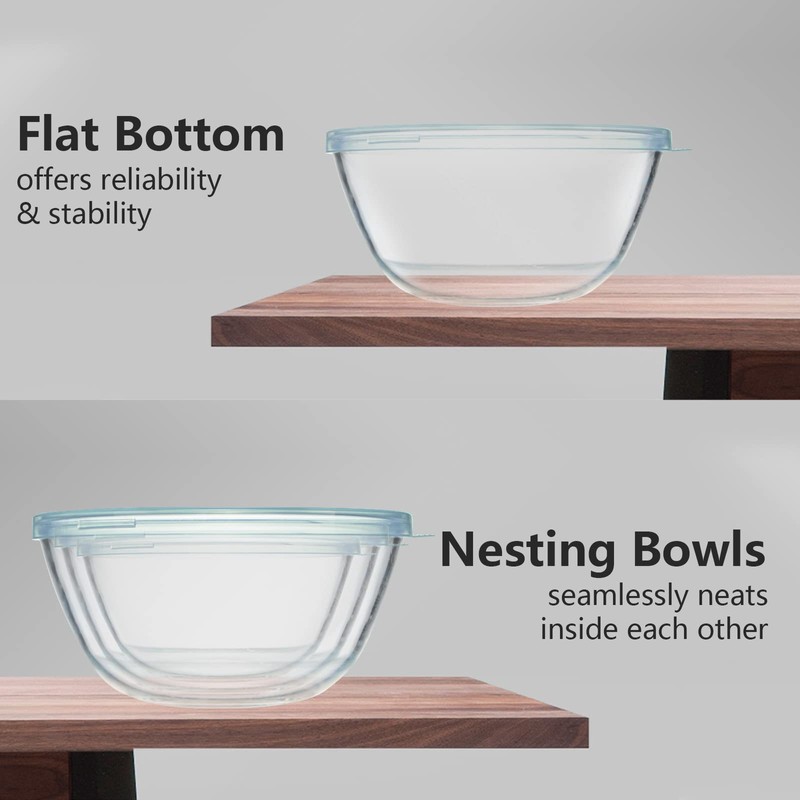 WhiteRhino Glass Mixing Bowls Glass Bowls with Lids Set(4.5QT,2.7QT, 1.1QT),Large