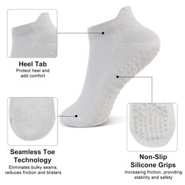 WATUNID 6 Pairs Non Slip Grip Socks for Women, Pilates Sock with Anti-Slip Rubber, Cotton Yoga, White/Grey/Black Ankle Socks, Grippy Sock for Pure Barre Ballet Barefoot Workout Hospital