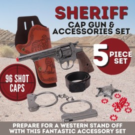 Toyland® 20cm (8") 5 Piece Sherif Fancy Dress Set - Die Cast Metal Cap Gun 96 Shot Caps Included, Belt, Holster, Handcuffs & Badge