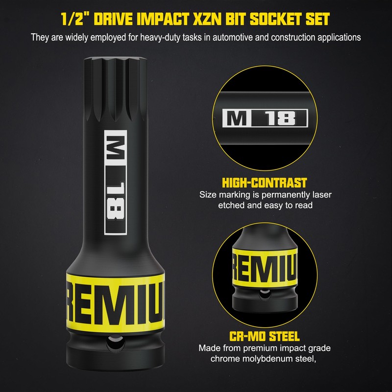 1/2" Drive Impact XZN Bit Socket Set, 10 Piece Impact