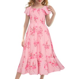 GRACE KARIN Girl's Summer Dress Flutter Sleeve Smocked Maxi Boho Dace Dress for Kids 5-6 Years,Flowers on Light Pink