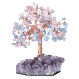mookaitedecor Natural Rose Quartz & Aquamarine Crystal Tree with Amethyst Cluster Crystal Base Money Tree Figures Feng Shui Desk Decoration Meditation Table Room Decor