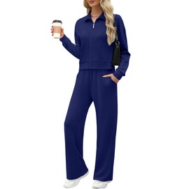 XIEERDUO Two Piece Sets for Women Zip Up Sweatshirt Wide Leg Sweatpant 2 Piece Outfits Sweatsuit Tracksuit Navy Blue M