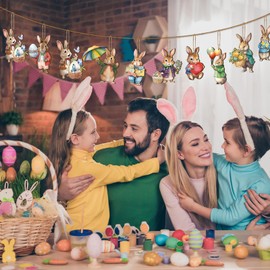 Huwena 36 Pcs Easter Wooden Bunny Ornaments Spring Tree Hanging Ornaments Happy Easter Bunny Ornament Rustic Spring Wood Cutouts Farmhouse Hanging Ornament with Rope for Home Kitchen Easter Party