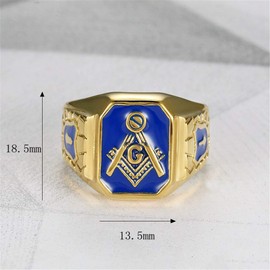 IFUAQZ Men's Stainless Steel Gold Plated Freemason Symbol Masonic Rings Blue G Lodge Master Mason Signet Biker Band Size 8