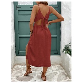 SweatyRocks Women's Tie Backless Split Midi Dresses Sleeveless V Neck Textured Summer Dress Burgundy Small