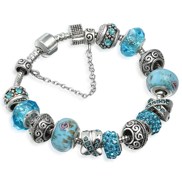 A TE Charm Bracelet Blue Crystal Murano Glass Beads Women
