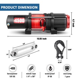 4500lbs Capacity Synthetic Rope Winch 12V DC Electric ATV Winch UTV Winch for Road Trailer Towing Wireless Remote ControlModel Number: AL023