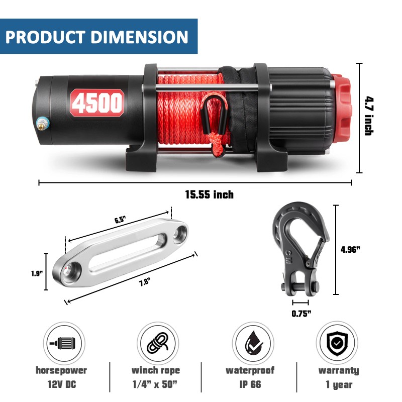 4500lbs Capacity Synthetic Rope Winch 12V DC Electric ATV Winch