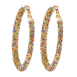 JINGDR Multcolors Cubic Zirconia Hoop Earrings For Women Statement Oval Rhinestone Hoop Earrings 14K Gold Plated Chunky Hoop Earring Dainty Lightweight Big Earrings Trendy Jewelry(Rainbow Gold)