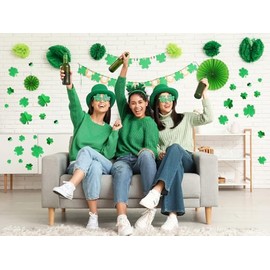 60 Pcs St. Patrick's Day Shamrock Wall Stickers, 3D Green Lucky Shamrock Wall Decor, Waterproof Wall Decals, for Spring Holiday Party Bedroom Home Office School Decor, 4 Different Sizes