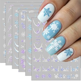 9 Sheets Christmas Snowflake Nail Stickers, Blue Purple White 3D Self-Adhesive Winter Nail Art Decals for Women Girls Xmas Snow Sparkle Manicure Decorations