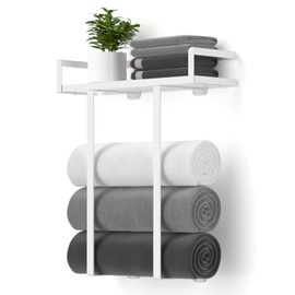 Towel Racks for Bathroom Wall Mounted, Xstydes Metal Towel Holder with Wooden Shelf for Folding Large Towels, Towel Storage for Small Bathroom Organizer Decor or RV Camping,White