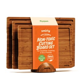 SMIRLY Wood Cutting Boards for Kitchen Wooden Chopping Board Set Reversible with Deep Juice Grooves Grip Handles, Large Charcuterie Tray, New Apartment Essentials, Carbonized Bamboo, 3Pcs with Holder