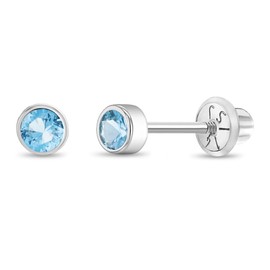 14k White Gold Little Girls 3mm Bezel Set Round Simulated Aquamarine Screw Backs - Classic Stud Earrings For Little Girls Born in March - Sweet & Simple Simulated Birthstone Earrings