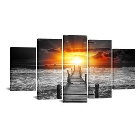 Artsbay 5 Pieces Large Beach Canvas Wall Art Black and White Pier Sunset Seascape Ocean Photos Paintings Beach Wall Decor for Bathroom Living Room