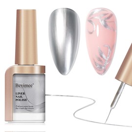 Bevimee Nail Polish Liner Silver, Air Quick Dry, Chrome Metallic Nail Lacquer Non Gel liner Nail Art, Glitter Build in Thin Brush for Nail Design Polish Nail Decoration Dotting Painting, 12ML