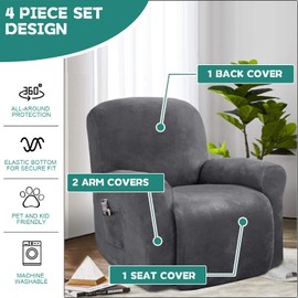 QQJIN Velvet Recliner Chair Cover with Side Pocket, 4 Piece Non Slip Recliner Cover, 1 Seat Stretch Recliner Protector Form Fitted Thick Soft Washable for Living Room, Pet, Kids,Grey