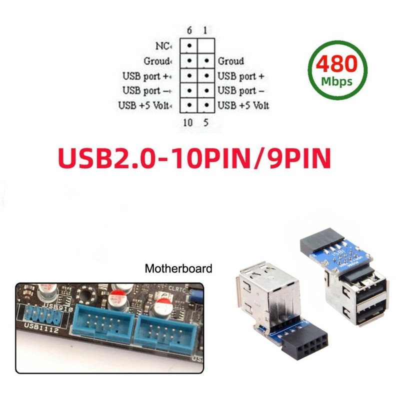 CY 2pcs Dual USB 2.0 Female to 9Pin/10Pin Motherboard Female