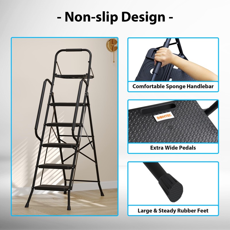 BONTEC 5-Step Ladder, 400lbs Max Load, Folding Step Stool with