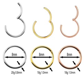 3pcs Nose Rings Hypoallergenic 316l Surgical Steel Hinged Hoop 20G Silver 18G Gold - Rose Gold Diameter 8mm (8mm)