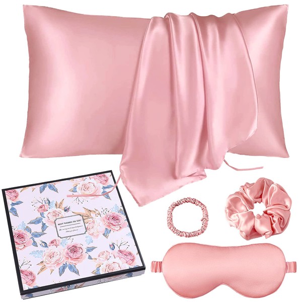 TENGEE Women's Birthday Gift, Stylish, Mother's Day, Wife, Mother's Day Gift, Wedding Anniversary, Luxury Silk 4-Piece Set, Silk Pillowcase, Eye Mask, Hair Elastic, Improves Hair Quality, Hair Care,