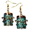 Verdigris Patina Solid Brass Dragonfly on Barrel Shaped Rectangle Dangle
