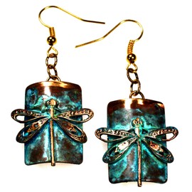 Verdigris Patina Solid Brass Dragonfly on Barrel Shaped Rectangle Dangle Earrings - USA Made
