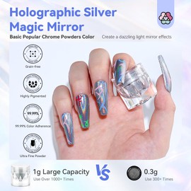 Saviland Holographic Chrome Nail Powder - 1g Mirror Laser Effect Holographic Chrome Powder for Gel Nails, Rainbow Holo Nail Glitter Dust Holographic Pigment Powder for Manicure Nail Art Decorations