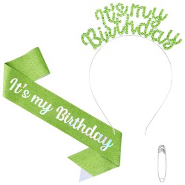 BAHABY Birthday Crowns for Women, It's My Birthday Sash & Birthday Headband Set Princess Birthday Sash and Rhinestone Tiara Birthday Gifts for Women Girls -Green