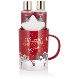Brubaker Cosmetics Bath and Shower Set, Winter Berries Fragrance - 4-Piece Gift Set in Large Christmas Cup - Christmas Set for Men and Women