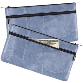 HAUTOCO 2 Pack Money Bag with Zipper PU Leather Textured Money Pouch 280mm x 155mm Cash Bags for Banking Dual Pockets Cash Envelopes Wallet for Passport Coin Bills Cosmetics, Pale Blue