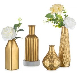 NUPTIO Gold Bud Vases for Flowers: Set of 4 Small Glass Flower Vase Bulk - Vintage Bottles for Wedding Centerpieces for Tables Decor Decorative Home Centerpiece Decorations