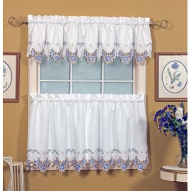 Today's Curtain Verona Reverse Embroidery Window Tier, 36-Inch, White/Blue