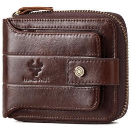 HUMERPAUL Zipper Wallets for Men, Genuine Leather RFID Blocking Bifold Men's Wallet with ID Window & Credit Card Slots (Coffee)
