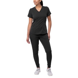 Adar Uniforms Pro Modern Athletic Scrub Set for Women, Modern V-Neck Scrub Top & Yoga Jogger Scrub Pants, P9500, Black, M