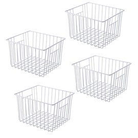 Y.Z.Bros Freezer Organizer Bin, Kitchen Metal Wire Storage Basket, Pantry Cupboard Household Container Divider with Handles, Bathroom, Closet, Bedroom, Office, Rustproof - White（4）