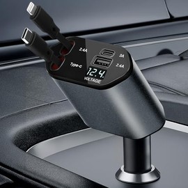 Cargador para Auto con 2 Cables Rretráctiles, Cargador de Auto Carga Rapida 4 en 1 120W con Puertos USB y Tipo c, Accesorios para Carro, Coche...     