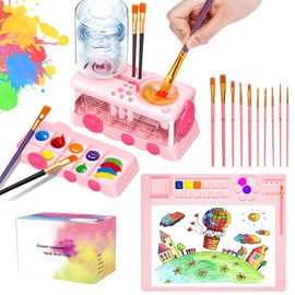 Velachuan Paint Brush Cleaning Kit for Kids with 5 Brushes, Art Smock, Washable Mat, Guidebook, Spiral Brush Cleaner Jar for Watercolor (Pink)