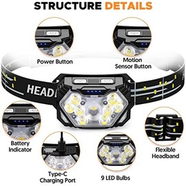 9 faros LED recargables, 1 paquete, 2000 lúmenes, lámpara de cabeza súper brillante USB-C, 10 modos con luz roja blanca, sensor de movimiento,