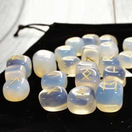 Set of 25 Obsidian Opal (Opalite) Carved Runes with Pouch for Rune Divination, Japanese Instruction Manual Included