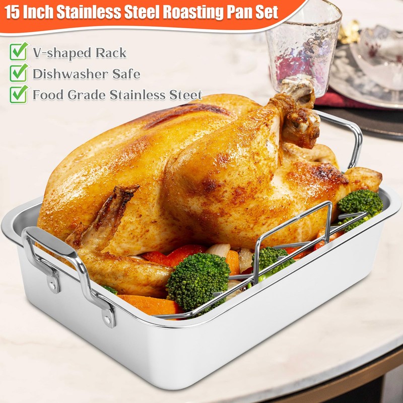 QuliMetal Triple Ply Stainless Cookware 16-inch Roasting Pan Skillet, Rectangular