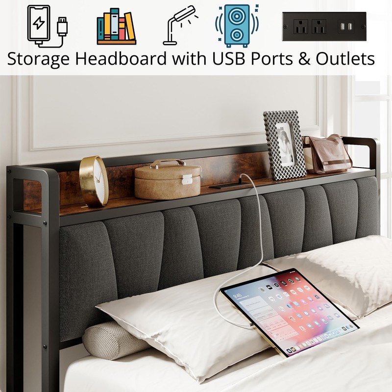 LIKIMIO Queen Bed Frame, Storage Headboard with Charging Station, Solid