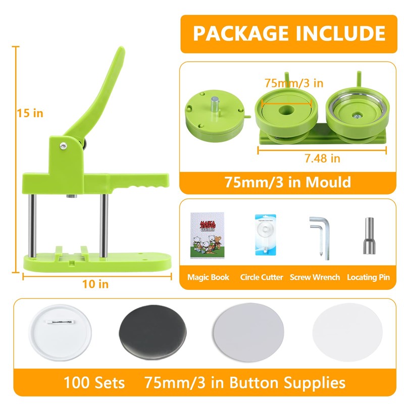 Button Maker Machine 75mm (3 in) Installation-Free, DIY Button Pin