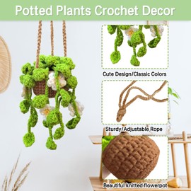 Crochet Hanging Plant for Car Cute Potted Plants Crochet Decor Car Mirror Hanging Accessories Rear View Ornament Hanging Boho Handmade Knitted Pendant (White)