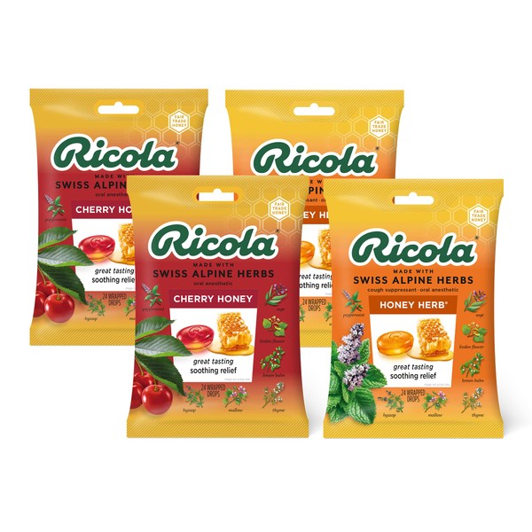 Ricola Cherry Honey and Honey Herb | Herbal Cough Suppressant Throat Drops | Naturally Soothing Long-Lasting Relief - 24 Count (Pack of 4) Bags