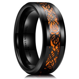 King Will Dragon - Anillo de boda para hombre, 8 mm, fibra de carbono naranja y carburo de tungsteno celta, ajuste cómodo, color negro
